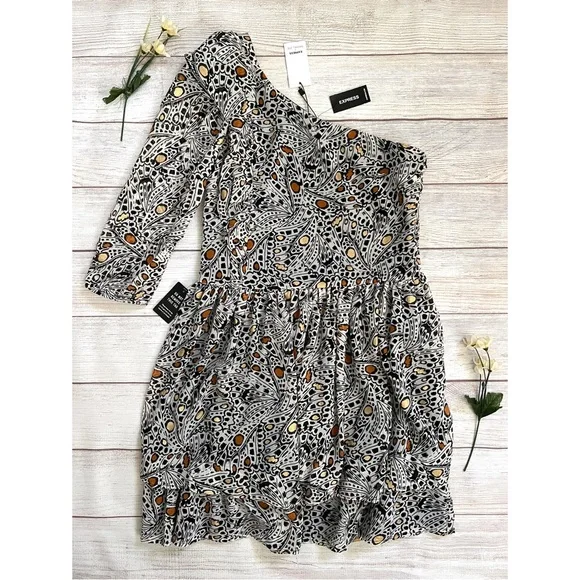 EXPRESS Rachel Zoe Printed One Shoulder Ruffle Mini Dress - Picture 3 of 16